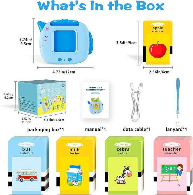 Spanish Talking Flash Cards Toddlers Toys: Bilingual Learning Toys for Kids 2-3, Español Speech Therapy Pocket Speech Toy for Age 2-6, Autism Educational Montessori Toy with 385 Sight Words, Blue