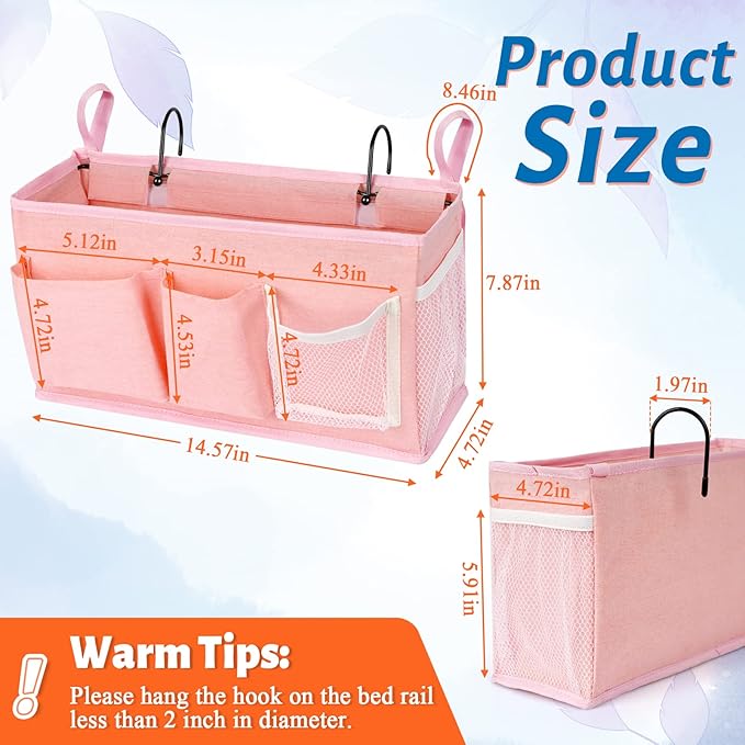 Loghot Bedside Caddy/Bedside Storage Bag Hanging Organizer for Bunk and Hospital Beds,Dorm Rooms Bed Rails,Can be Placed Glasses,Books,Mobile Phones,Keys (New Pink-1)