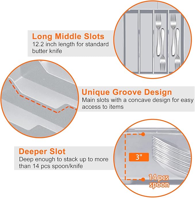 Spaclear Silverware Organizer for drawer - Adjustable Kitchen Drawer Organizer Utensil Drawer Organizer, Expandable Silverware Tray for Drawer Utensil Organizer for Forks, Knives, Grey