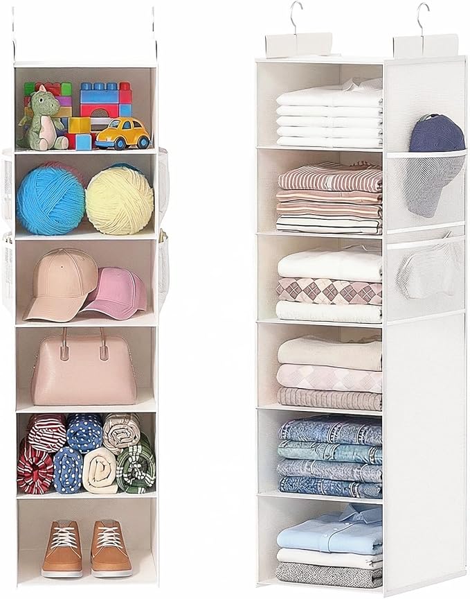ALLTIDYUP Extra Deep Hanging Closet Organizer with Shelves and Oversized Mesh Pockets, Heavy-Duty Structure, No Deformation, Max Storage for Clothes, Shoes, Hats, Dorms and RVs,1-Pack (White, 6 Tier)