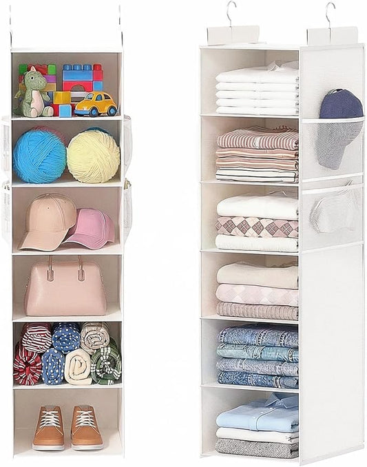 ALLTIDYUP Extra Deep Hanging Closet Organizer with Shelves and Oversized Mesh Pockets, Heavy-Duty Structure, No Deformation, Max Storage for Clothes, Shoes, Hats, Dorms and RVs,1-Pack (White, 6 Tier)