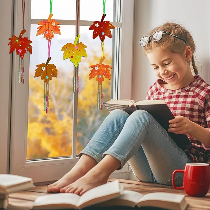 Fennoral 9 Pack Fall Wind Chime Kit for Kids Make You Own Maple Leaf Wind Chime DIY Coloring Fall Craft Wooden Hanging Ornaments Outdoor Activity Autumn Thanksgiving Party Decorations