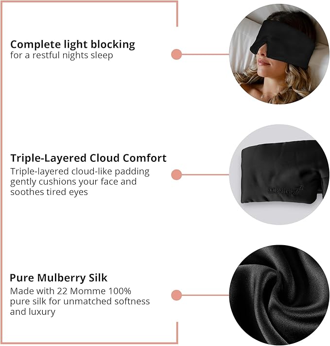Better zzZ 100% Pure Mulberry Silk Sleep Mask for Women & Men – Adjustable Velcro Strap, Total Blackout, No Pressure Eye Mask for Deep Sleep & Travel Pouch Included - (Black)