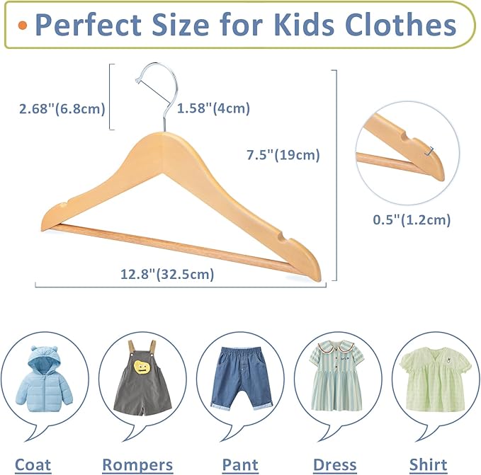 FairyHaus Kids Hangers 20 Pack 12.8 Inch, Natural Wooden Baby Hangers for Closet, Anti-Rust 360° Swivel Hook, Notches & Smooth Finish, Durable and Strong Childrens Hangers for Clothes