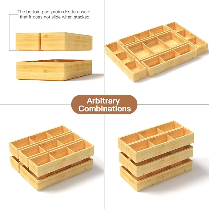 DUJEN 5 pieces Bamboo Drawer Organizer, Adjustable 3 Individual Junk Drawer organizer for Bathroom and Kitchen, Wood Drawer Organier Boxes for Jewellery, Make up and Tea Bag