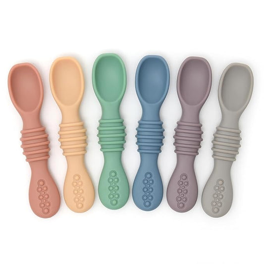 PrimaStella Silicone Chew Spoon Set for Babies and Toddlers - Safety Tested - BPA Free - Microwave, Dishwasher and Freezer Safe - Earth Shades