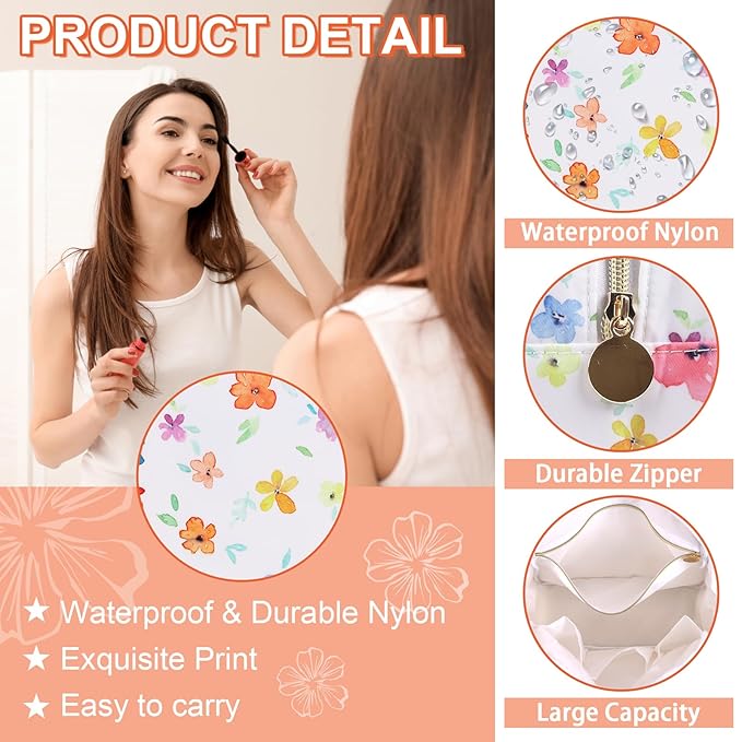 UIXIZQ Waterproof Large Floral Makeup Pouch,Nylon Travel Toiletry Storage Purse Preppy Cosmetic Bag for Women Girl,Large Capacity Makeup Organizer Zipper Pouch for Work(L Colorful-Flowers)