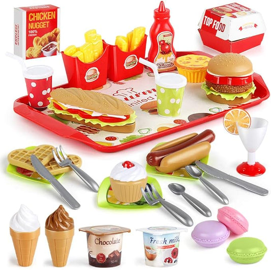 Fast Food Set 59 PCS Kitchen Toy Set for Pretend Play, Kitchen Accessories ,Removable Food Toy, Kids Toddlers Play Food Toys, Party Favor Christmas Stocking Stuffers
