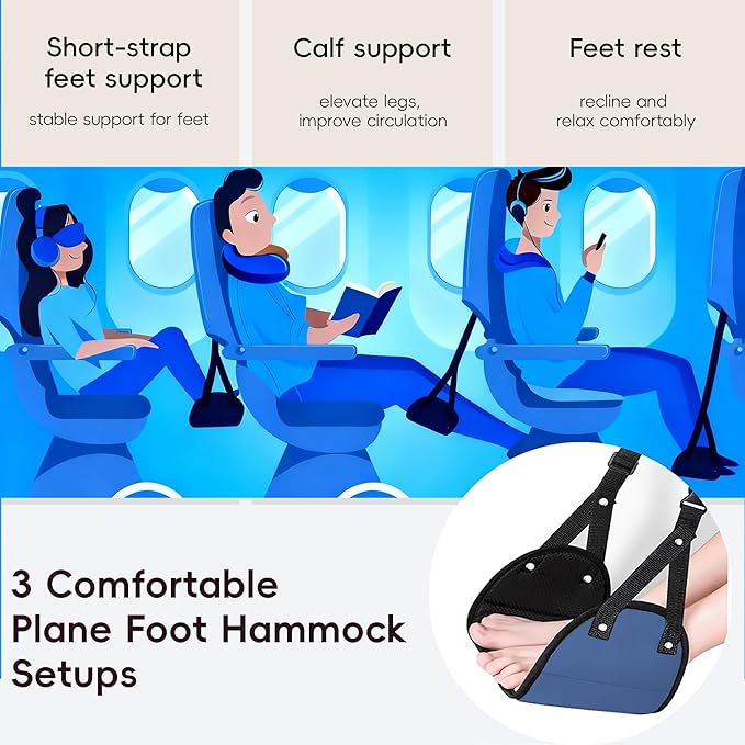 Foot Hammock for Plane Travel, Airplane Foot Hammock, Adjustable Foot Rest Sling, Airplane Gadgets Travel Essentials for Long Time Flight (Navy)