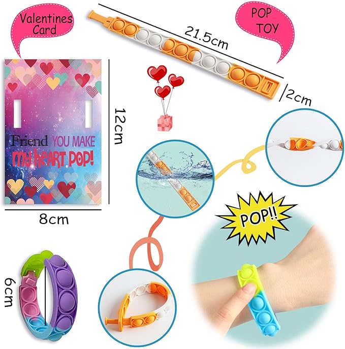 30 Pack Valentines Day Gift Cards for Kids Classroom, Pop Fidget Bracelets Stress Relief Sensory Toy School Classroom Gifts Exchange Valentines Party Favors