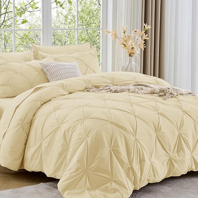 Sasttie Full Size Comforter Set, 7-Piece Bed in a Bag, Pintuck Bedding Set for All Season, Includes Comforter, Flat Sheet, Fitted Sheet, Pillowcases and Pillowshams, Pale Yellow