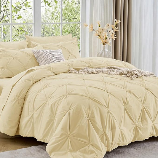 Sasttie Full Size Comforter Set, 7-Piece Bed in a Bag, Pintuck Bedding Set for All Season, Includes Comforter, Flat Sheet, Fitted Sheet, Pillowcases and Pillowshams, Pale Yellow