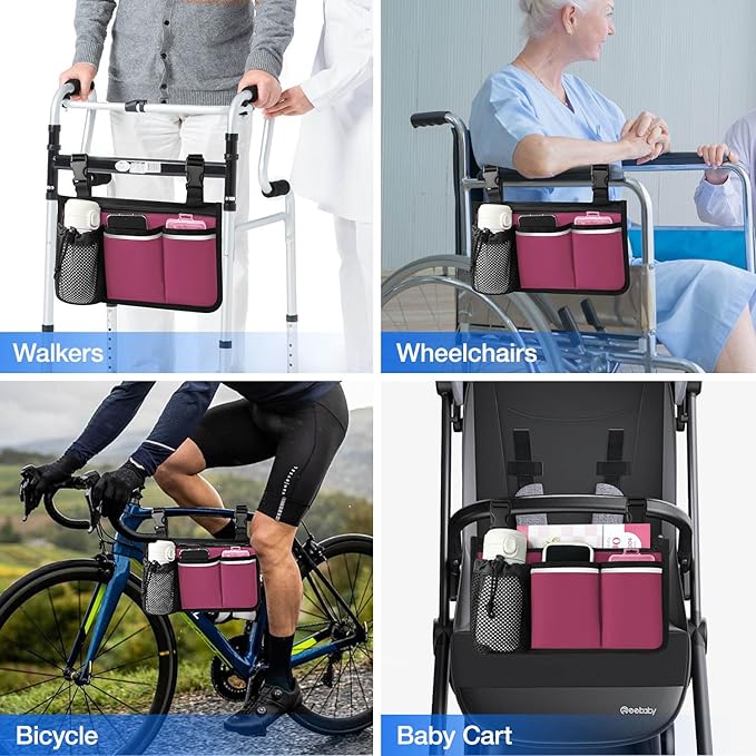 Wheelchair Organizer Pouch with Cup Holder and Reflective Strip, Armrest Accessory for Wheelchairs, Walkers, Rollators (Burgundy)