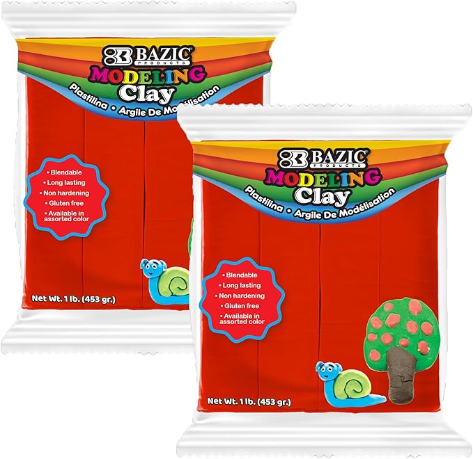 BAZIC Modeling Clay Red Color 1 LB, Light Dough Art Craft, Non Toxic Gift for Artist Kids Toddler Boys Girls, Bulk for Classroom, 2-Pack