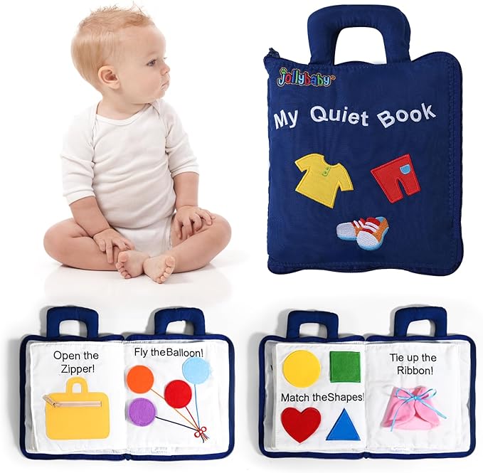 Jollybaby Baby Soft Busy Books -My Quiet Book, Travel Toy & Montessori Sensory Educational, 10 Preschool Learning Activities for 1 2 3 Year Old Toddlers Boy Girl(Blue)