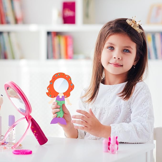 Fennoral 12 Pack Wooden Mirror Craft for Kids Make You Own Mermaid Mirror DIY to Paint Wooden Arts and Crafts for Grils Hand Mirror for Art Activities Project Birthday Gifts