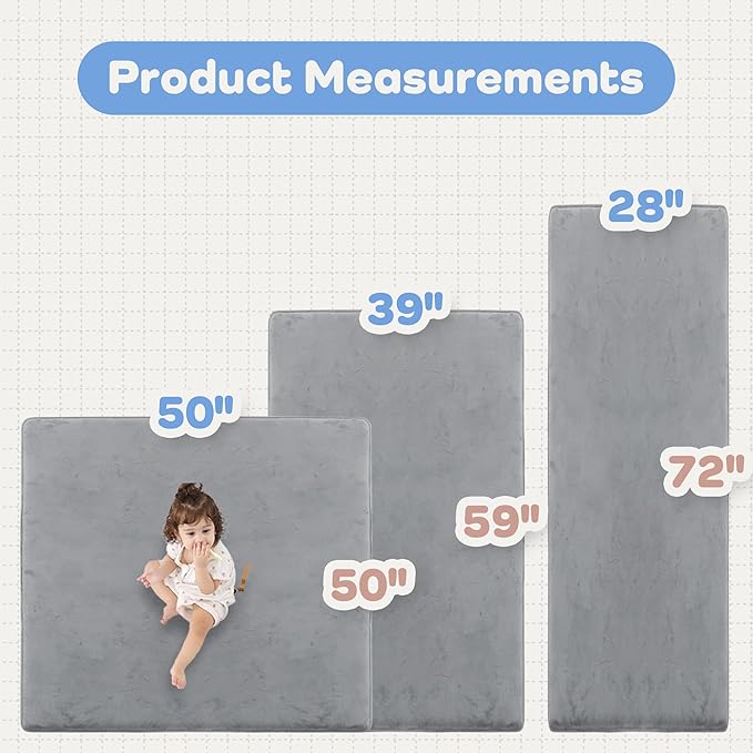 1.3" Thick Baby Floor Play Mat 39x59, Basic Padded Foam Mat for Tummy Time Crawling, Non Slip Cushioned for Babies Toddlers Infants Kids (Light Grey)