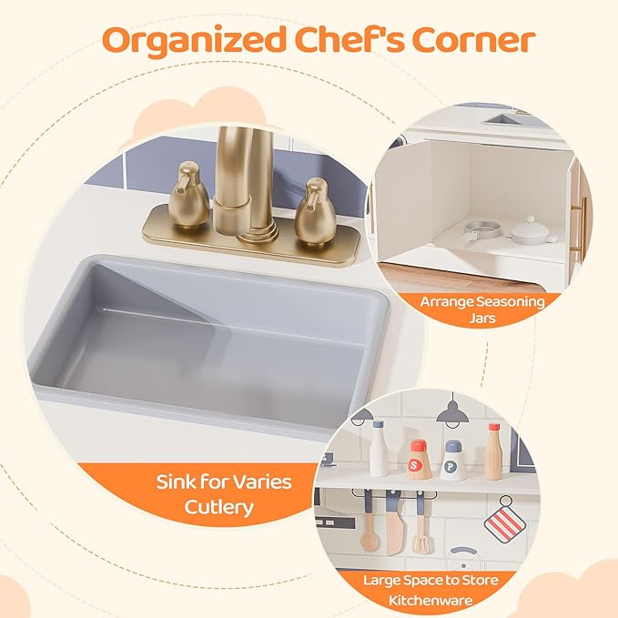 JOYMOR Kids Wooden Play Kitchen Sets, New Modern Children's Wooden Toy Kitchen w/Refrigerators & Ample Play Kitchen Accessories, Ideal Pretend Playset Gift for Toddlers