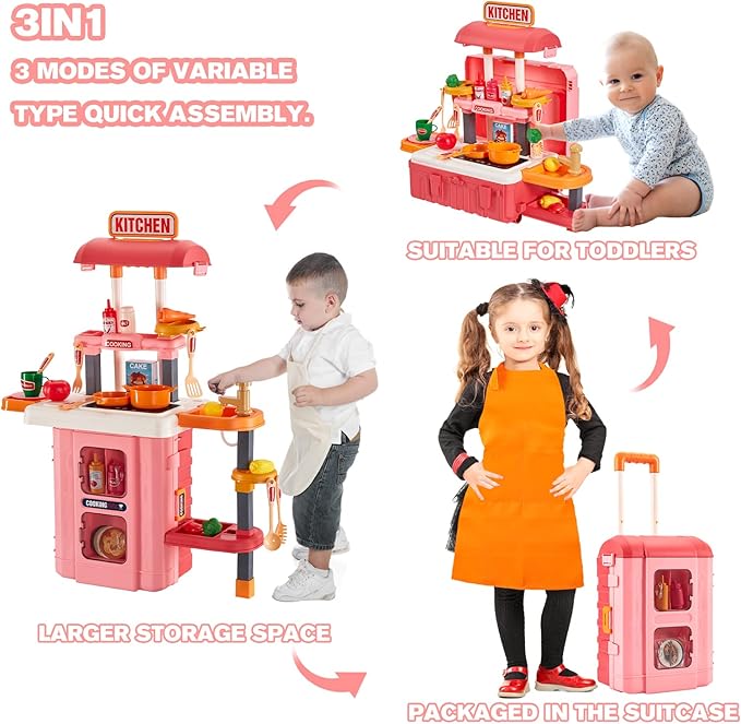 3 in 1 Play Kitchen for Toddlers-GEIYATOI,Kids Kitchen Playset with Travel Suitcase, 50 PCS Toy Kitchen Set,Realistic Cooking Accessories,Sounds,Light,Running Water,Great Kitchen Set for Toddlers
