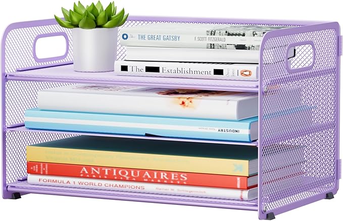 3 Tier Paper Letter Tray Organizer for Desk, Mesh File Folder Document Organizer with Handle for Home Office Supplies Desktop Accessories, Purple