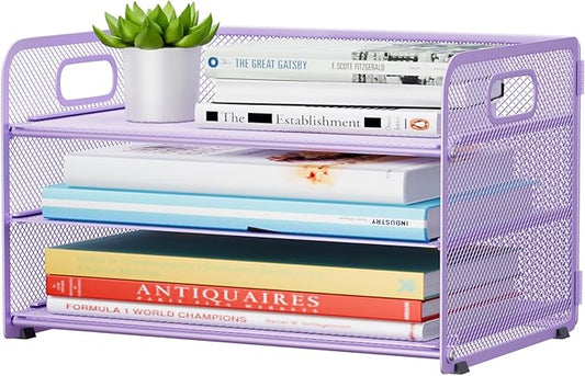 3 Tier Paper Letter Tray Organizer for Desk, Mesh File Folder Document Organizer with Handle for Home Office Supplies Desktop Accessories, Purple