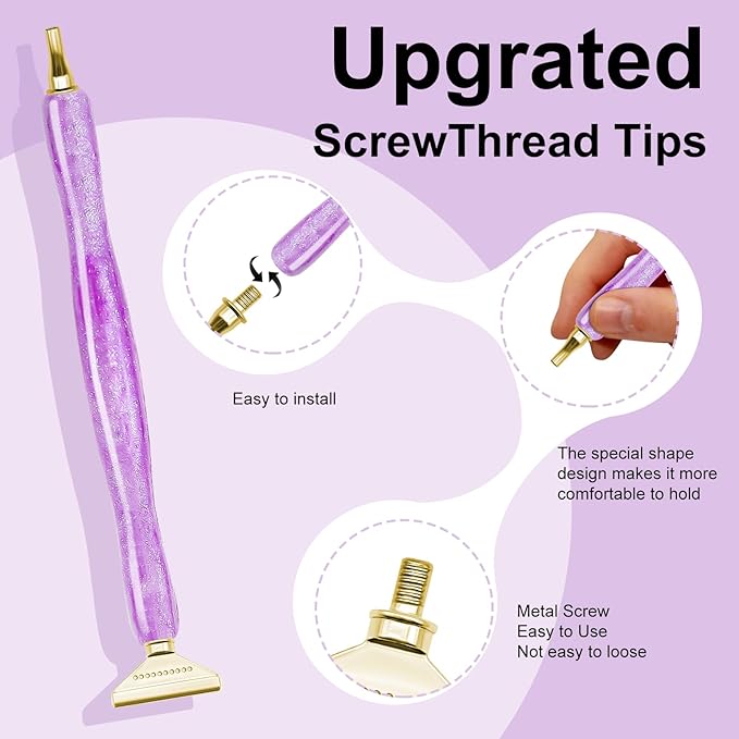 22PCS DIY Diamond Art Pen Painting Tool Set - Metal Threaded Tip Accessories Gem Resin Dotting Pen Supplies Kit (Purple Pen + 12 Tips + 9 Dotting Clay)