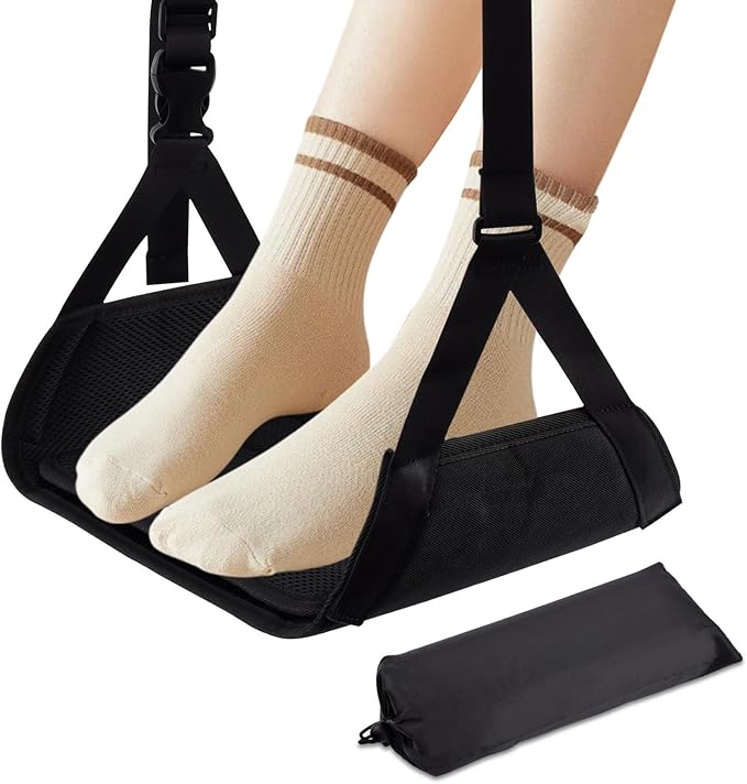 Airplane Foot Hammock, Portable Airplane Footrest, Adjustable Foot Hammock for Plane Travel to Relax Your Feet,Leg Rest for Long Flights,Travel Essentials,Office Footrest(Black)