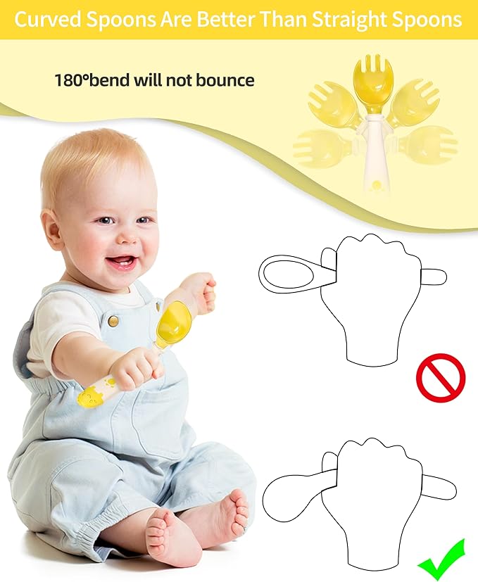 Deejoy Toddler Utensils, Self-feeding Flatware Set withTravel Case, Baby Spoons and Forks with Silicone Bendable Handle, Easy Grip Heat-Resistant, Ideal for Kids, Stage 2 (Yellow)