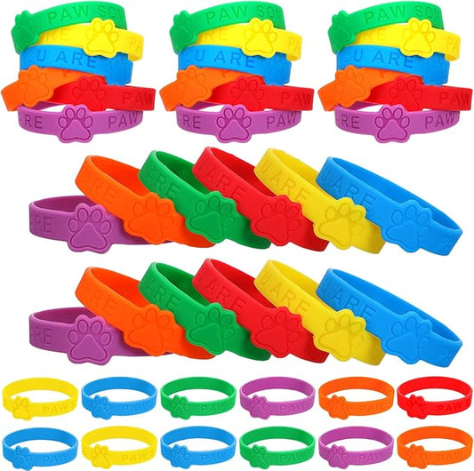 60 Pieces Paw Print Rubber Bracelets Bulk Paw Print Silicone Wristband Dog Paw Stretch Bracelets Animal Theme Wristband Gravure Waterproof Bracelets for Student Activity Party Supplies, 6 Solid Colors
