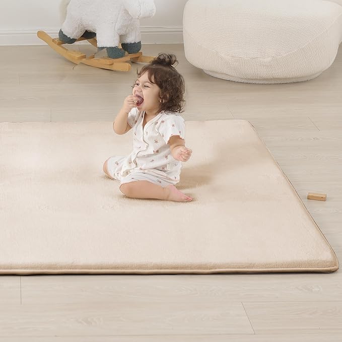 1.3" Thick Baby Floor Play Mat 59x71, Basic Padded Foam Mat for Tummy Time Crawling, Non Slip Cushioned for Babies Toddlers Infants Kids (Beige)