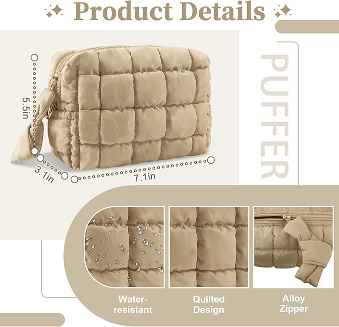 Puffer Quilted Makeup Bag Cosmetic Bags,Puffy Travel Toiletry Pouch for Women,Cute Checkered Zipper Bag Travel Essential,Portable Aesthetic Make up Organizer Bag for Gifts Work Daily(Khaki,S)