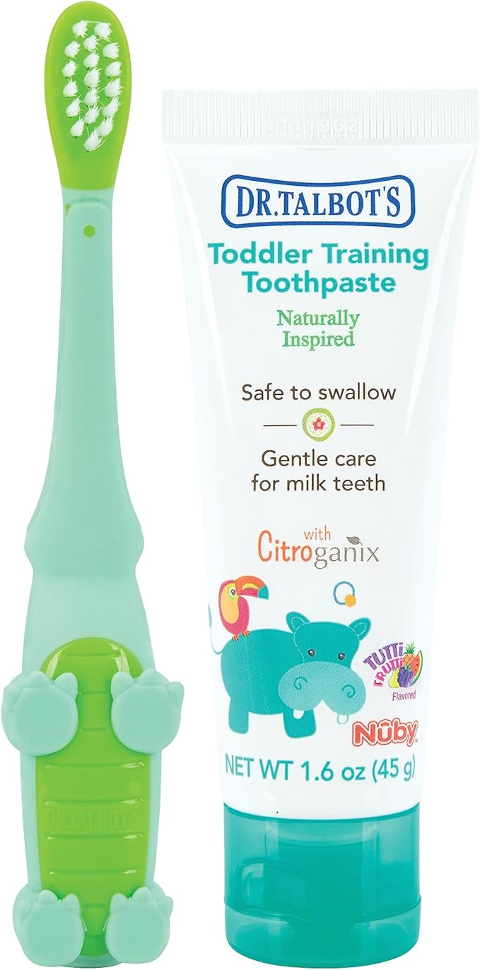 Dr. Talbot's Toddler Training Toothbrush and Natural Kids Toothpaste with Citroganix - 1.6 oz - Fluoride-Free Toothpaste and Toddler Toothbrush - 6+ Months - Alligator