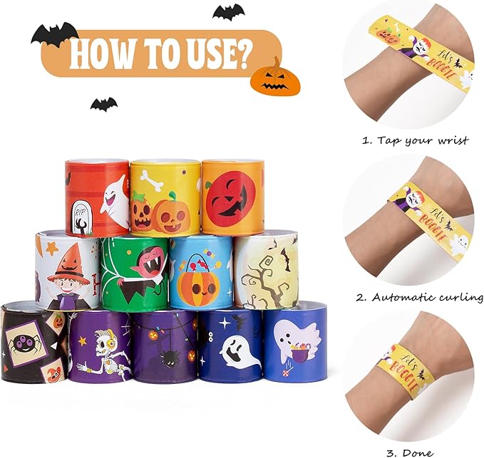 Halloween Bracelets for Kids, 72 PCS Halloween Slap Bracelets Bulk, Halloween Party Favors Toys for Kids, 12 Different Design Bracelets Bulk for Party Favors and Supplies, Halloween Treat Bags Gifts