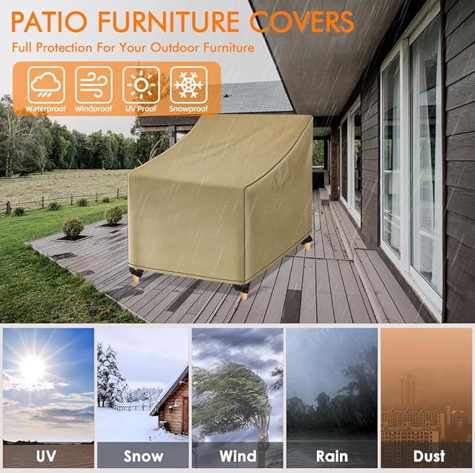 WLEAFJ Outdoor Chair Covers Waterproof, Khaki Lawn Patio Furniture Covers, Heavy Duty Wicker Garden Sofa Chair Cover, 2 Pack - 29" W x 30" D x 36" H