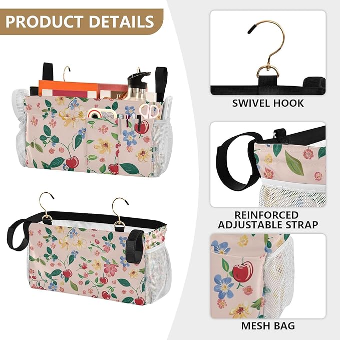 Cute Cherry Blue Flowers Bedside Caddy for Dorm Bed Bedside Hanging Caddy Bag Iron Frame Storage Organizer Pocket for Bunk Home College Hospital Beds 2 Hooks