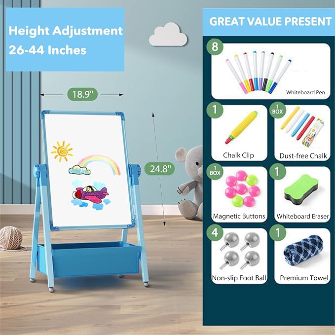 Art Easel for Kids, Double Sided Kids Easel Drawing Board, Whiteboard & Chalkboard for Kids, 360°Rotating Adjustable Kids Easel Art Set, Standing Erasable Easel Board, Easel for Classroom (Blue)