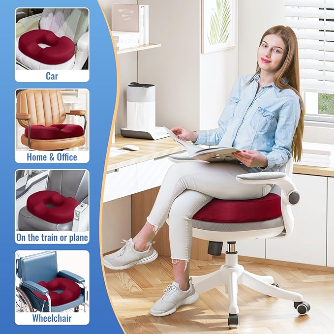 CloudBliss Donut Pillow Seat Cushion Chair Pad for Tailbone Pain Relief and Hemorrhoids, Memory Foam Seat Chair Cushion for Men and Women for Home & Office, (Red)