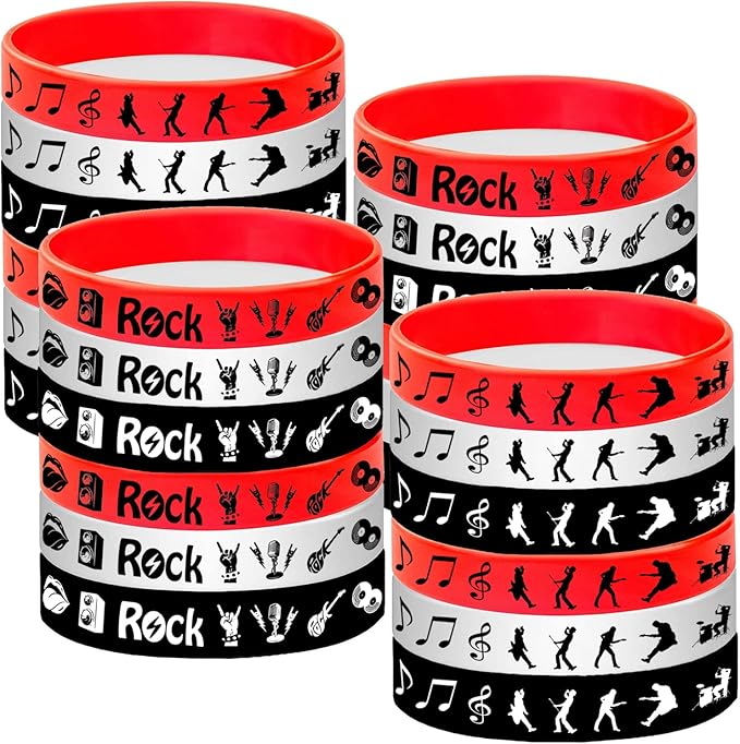 48PCS Rock and Roll Rubber Bracelets Silicones Wristbands -80s 90s Themed Musician Guitar Rap Party Supplies Decorations Birthday Baby Shower Party Favors