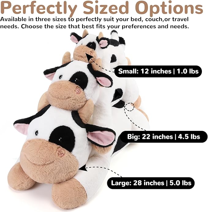 Cow Weighted Stuffed Animals - 12 Inch 1.0 Pounds Weighted Plushies Cow Stuffed Animals - Small Plush Pillow - Cute Plush Toys Gifts for Kids & Adults (12" 1.0 lbs)