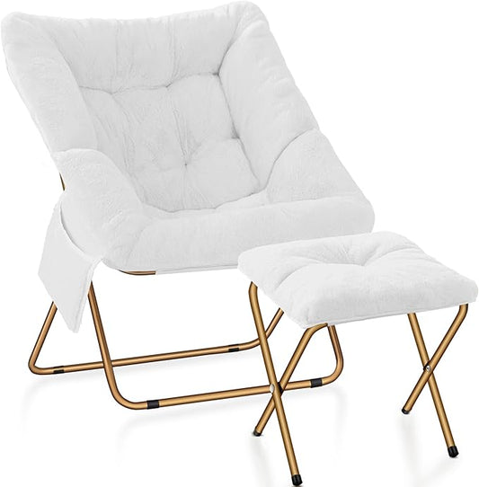 Comfy Saucer Chair, Foldable Living Room Chairs, Soft Faux Fur Lounge Chair for Bedroom, Reading Chairs for Adults, Kids, X-Large (White)