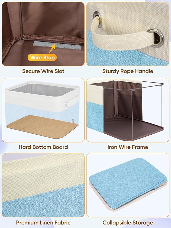 BALEINE 4 Pack Fabric Storage Bins for Shelves, Linen Storage Baskets for Organizing, Decorative Closet Bins for Clothes, Home (Skyblue, 12"x8"x8")