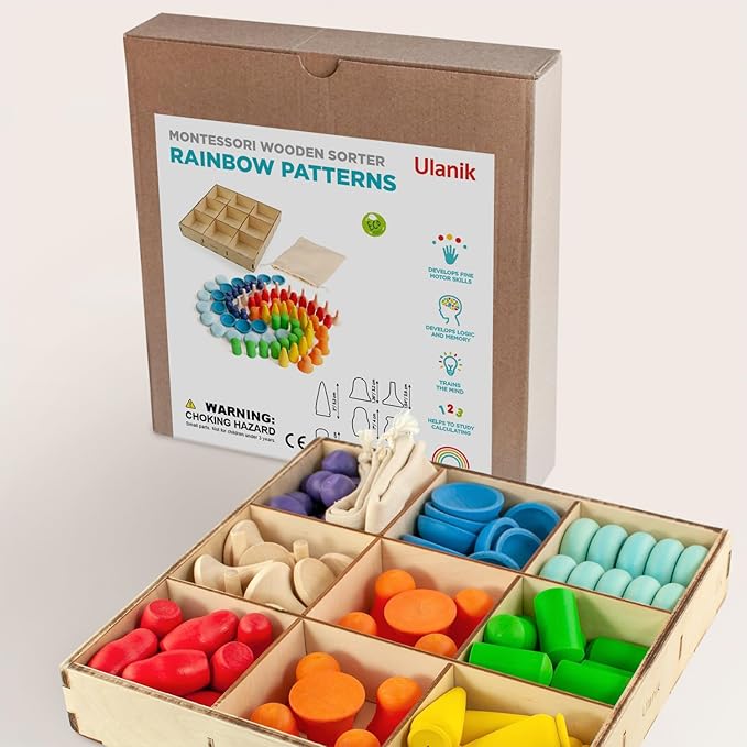Ulanik Mandala Rainbow Patterns Toddler Montessori Toys for 3 Year Old + Wooden Building Set Matching Game for Learning Color Sorting & Counting — 80 Figurines