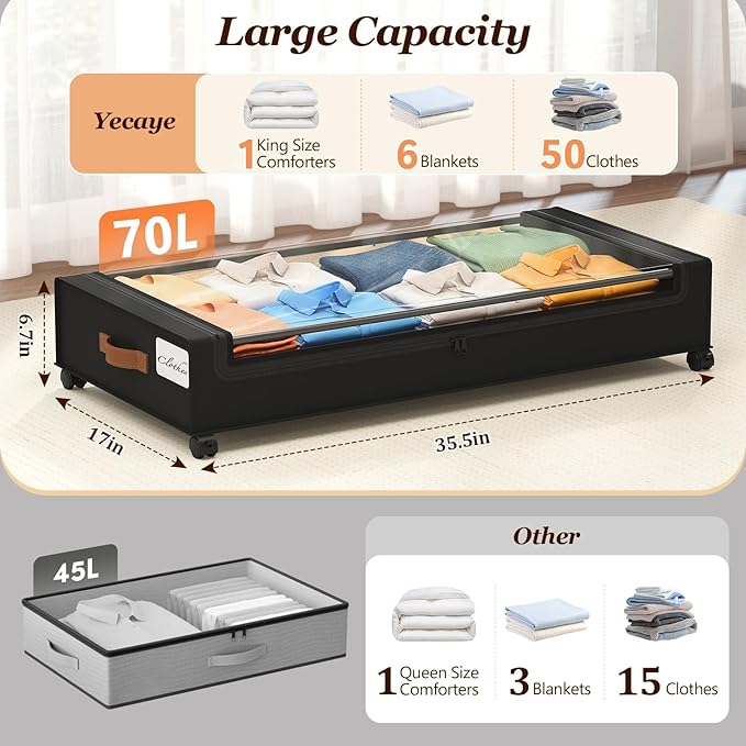 Yecaye Under Bed Storage with Wheels 2Pack, 70L Larger Capacity Under Bed Storage Containers, Underbed Shoe Storage Organizer, Rolling Under Bed Metal Drawers for Clothes, Blankets(35.5 x 17 x 6.7in)