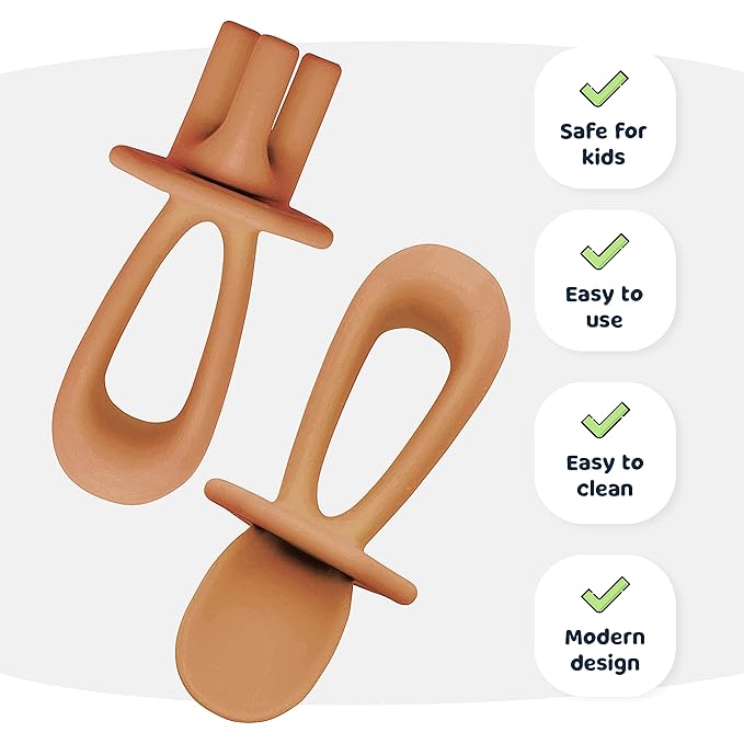 Tiny Twinkle Silicone Training Utensils - Baby Spoons & Baby Forks For Self-Feeding Training - Silicone Baby Led Weaning Utensils For Toddlers And Babies 6-24 Months - Baby Feeding Supplies (Cinnamon)