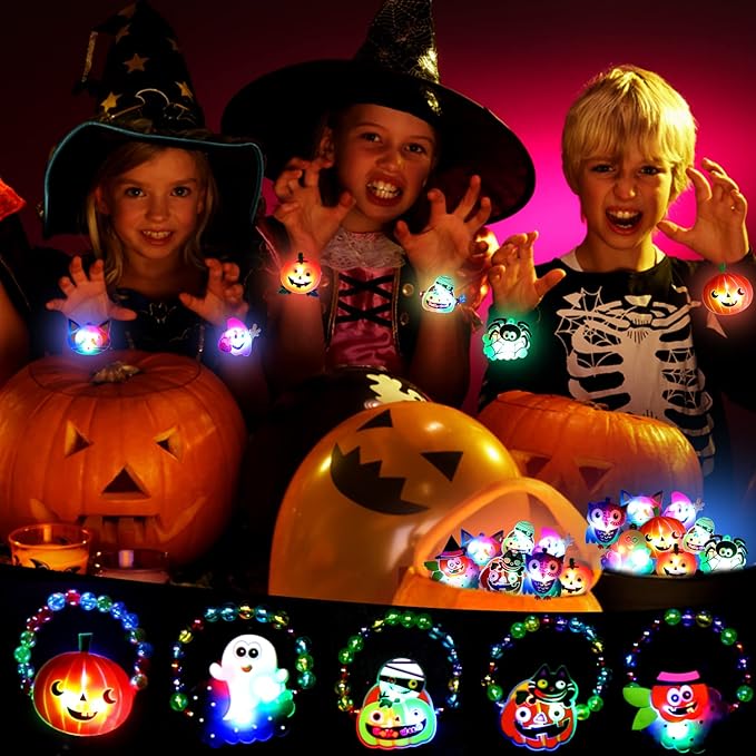 CCINEE 10pcs Halloween Led Bracelets, Light Up Toys Beaded Flashing for Non Candy Treats Halloween Party Favors Halloween Toys Kids Goody Bag Fillers Glow in the Dark Party Supplies(10 Styles)