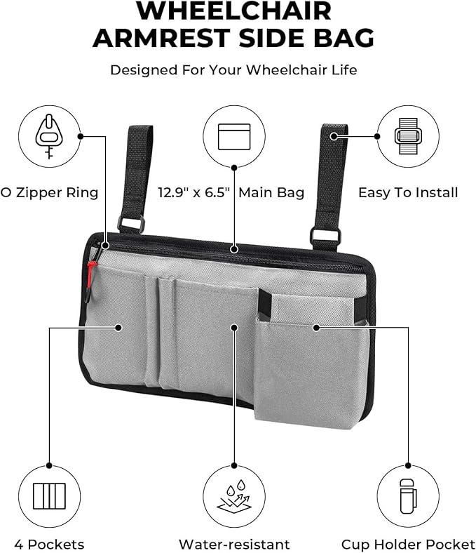 JOYTUTUS Walker Side Bag, Wheelchair Armrest Storage Pouch with Cup Holder, Wheelchair Accessories for Seniors, Walker Bag Cup Holder for Walker, Rollator, Electric Scooter or Wheelchair