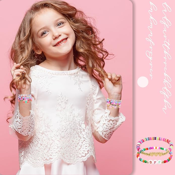 60 pcs Colorful Kids Friendship Bracelet Sets, Stackable Elastic Cute Beaded Bracelets Princess Pretend Play Bracelet Preppy Bracelets Bulk Set for Women Gift