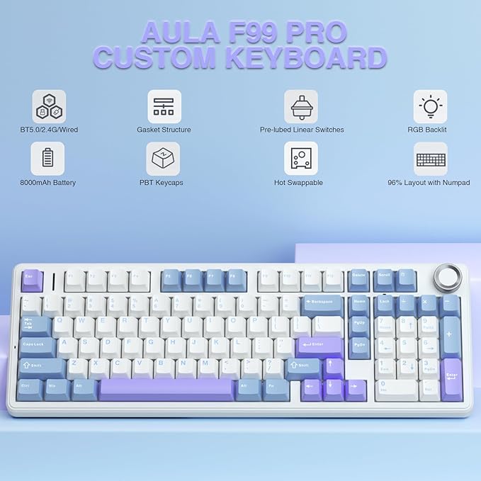 AULA F99 Pro Wireless Mechanical Keyboard with Knob,Creamy Sound,Tri-Mode BT5.0/USB-C/2.4GHz Hot Swappable Keyboard,Gasket Structure,RGB Backlit Computer Gaming Keyboards