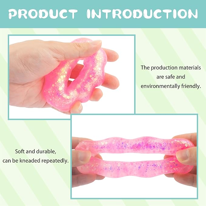 2 Pack Wearable Squishy Stress Relief Toy,Donut Squishy Stress Relief Toys,Crystal Glitter Bracelet Soft Sensory Fidget Toy (Blue Yellow)