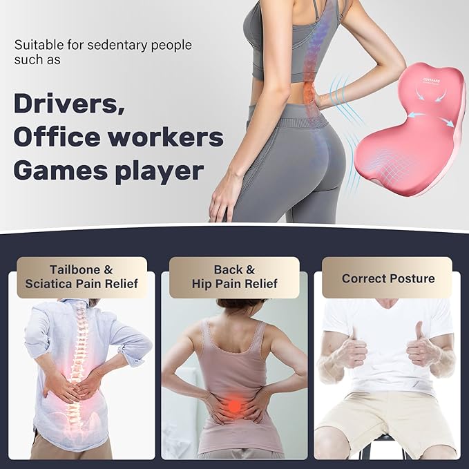 Coverado Car Seat Cushion and Lumbar Support Pillow One Piece, Memory Foam Ergonomic Back Support Driving Seat Cushion for Back Pain, Non-Slip Washable Cushion for Car, Driver, Office